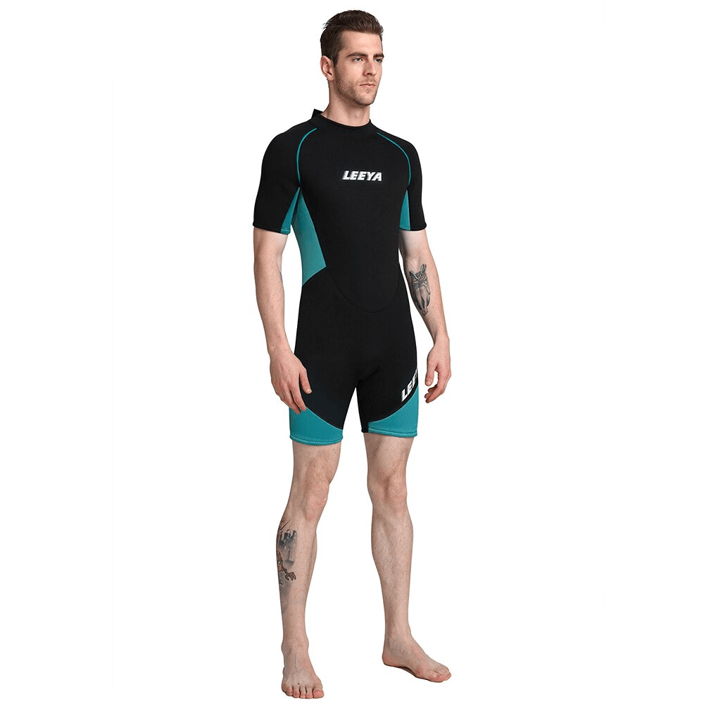 Men's short-sleeved snorkeling wetsuit with teal accents, ideal for sun protection, comfort, and style in water sports.